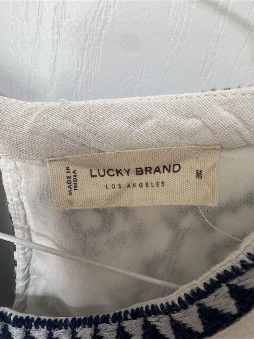 Lucky Brand White Top with Navy Geometric Embroidery - Picture 2 of 10